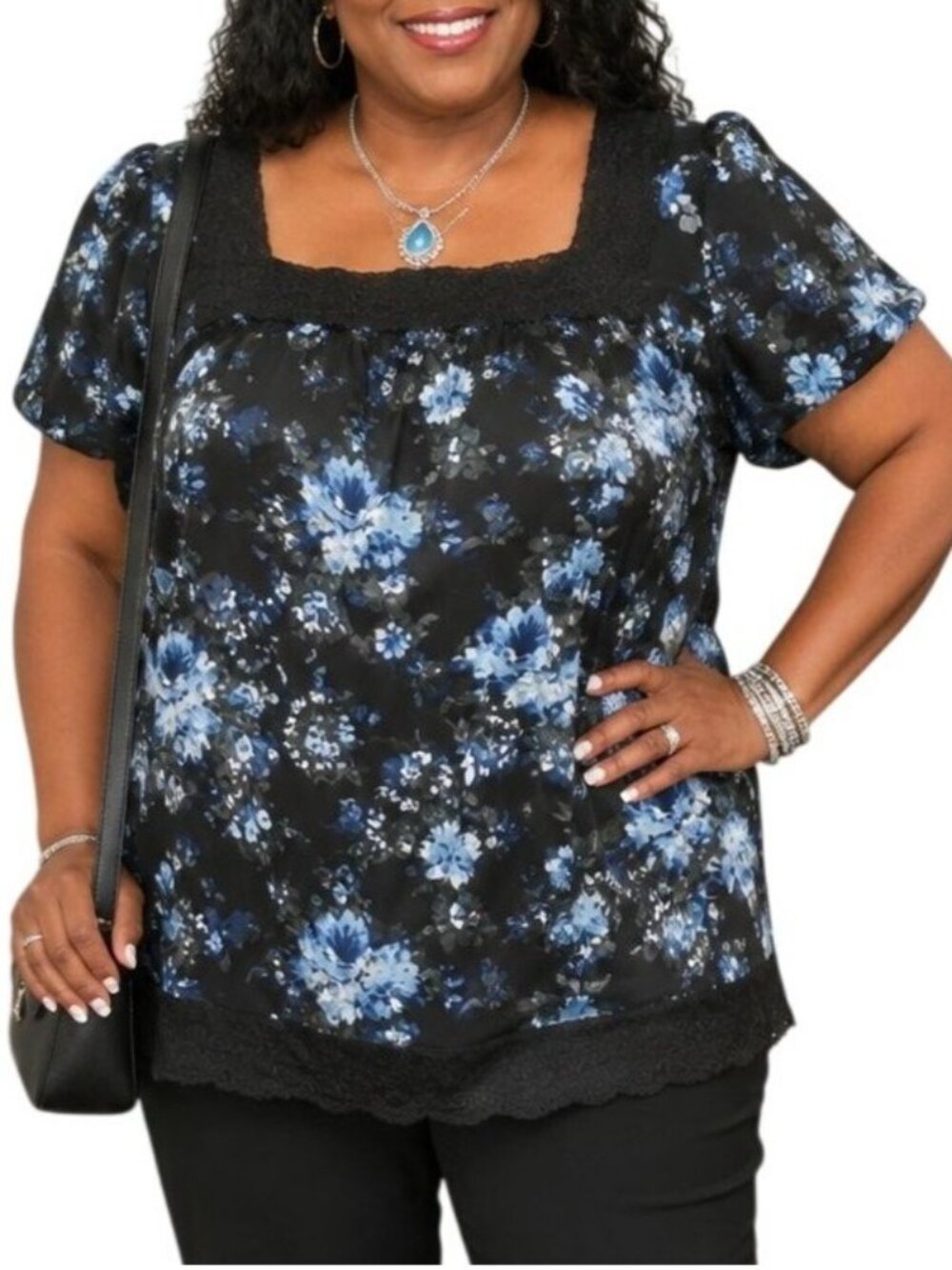 Cato Woman Plus Size 18/20W Top Blue Black Floral Short Sleeve Lace Trim Blouse